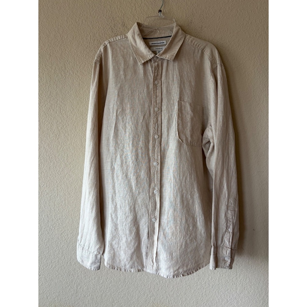 Amazon Essentials Mens XL 100% Linen Long Sleeve Button Down Shirt Beige